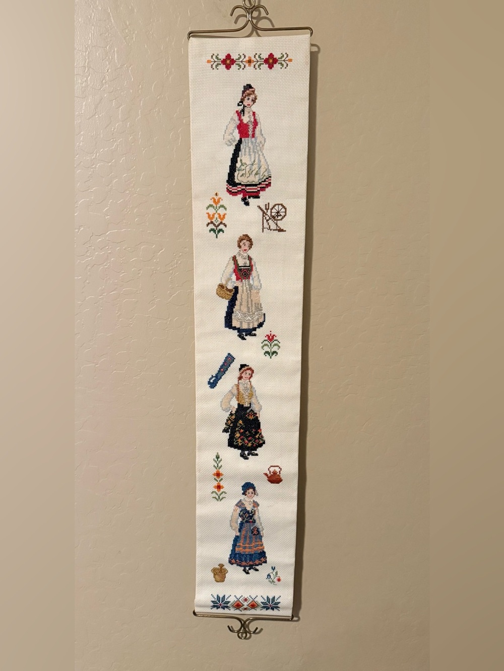 Vintage Danish Folk Art Cross Stitch Wall Hanging 35”